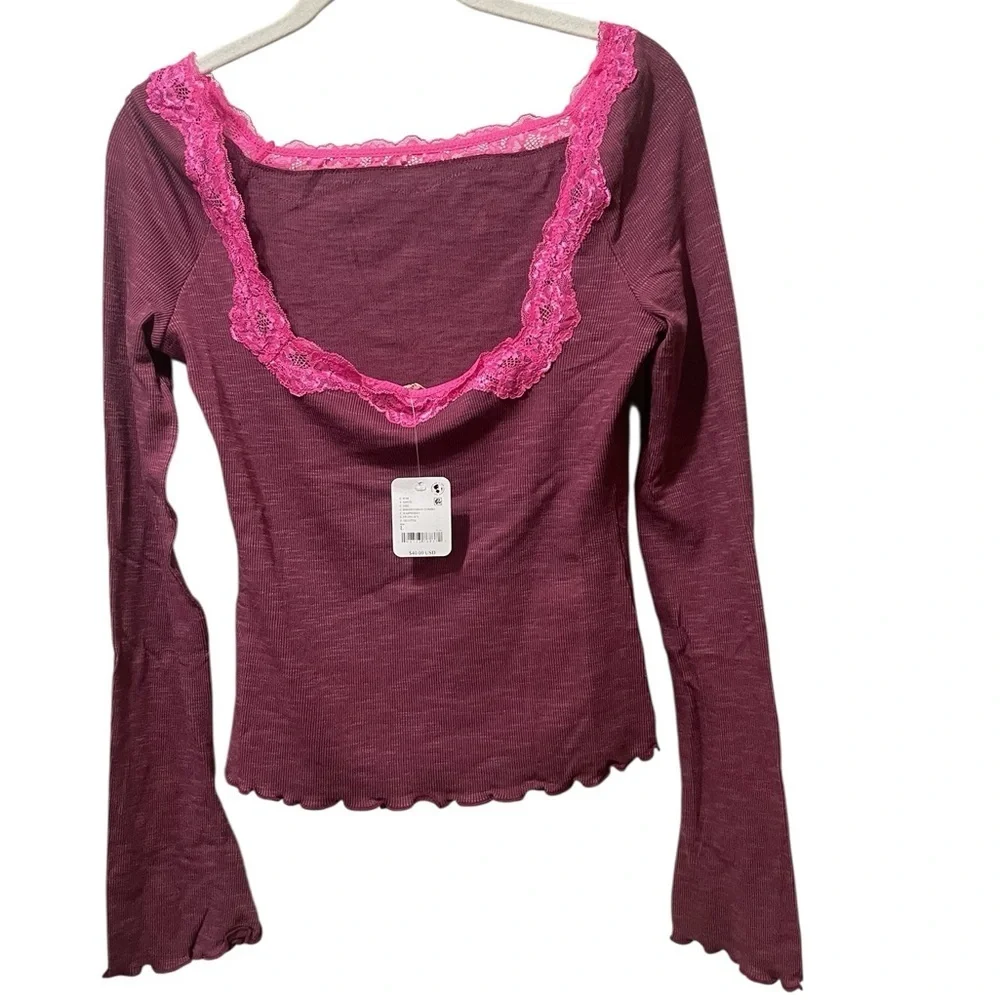 Free People Oh My Darling Purple Lace Trim Cottagecore Boho Shirt L NWT